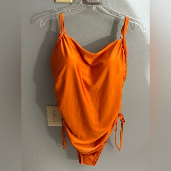 Metallic SideRuched HighLeg Cheeky OnePiece Swimsuit FeNoelxTarget Orange NWT 1X - Picture 2 of 16